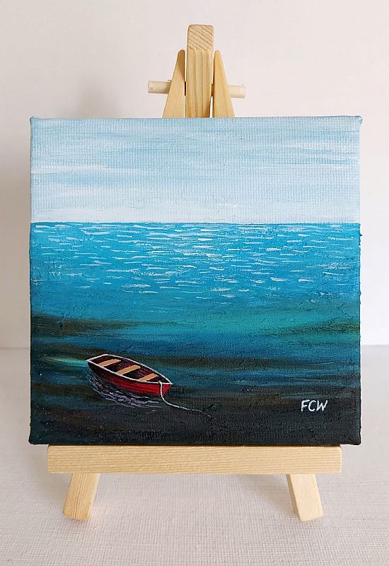Small Red Boat on Easel Stand