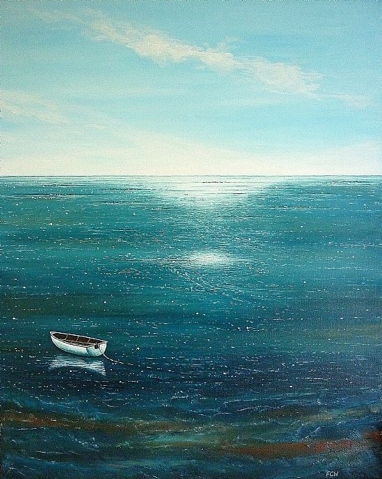 Sparkling Sea   White Boat