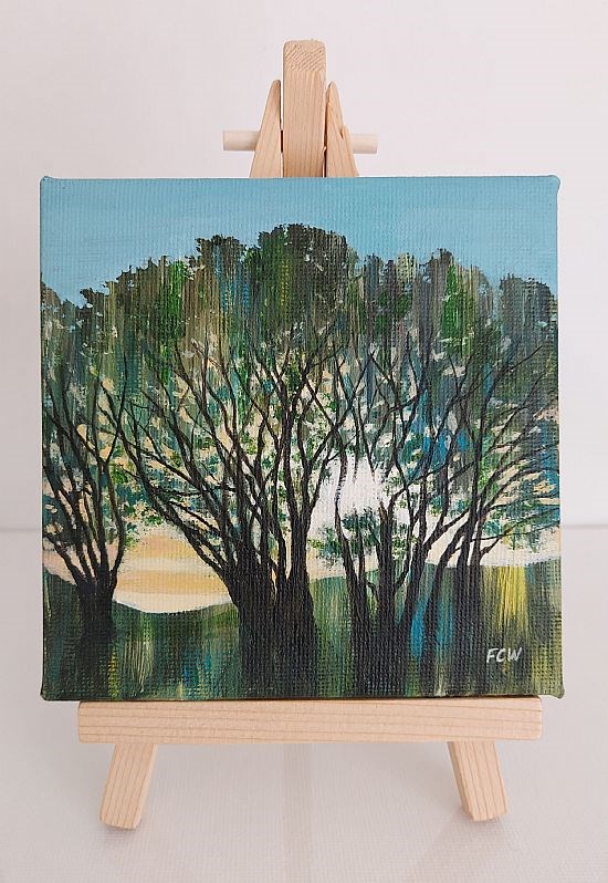 Trees and Setting Sun on Easel Stand