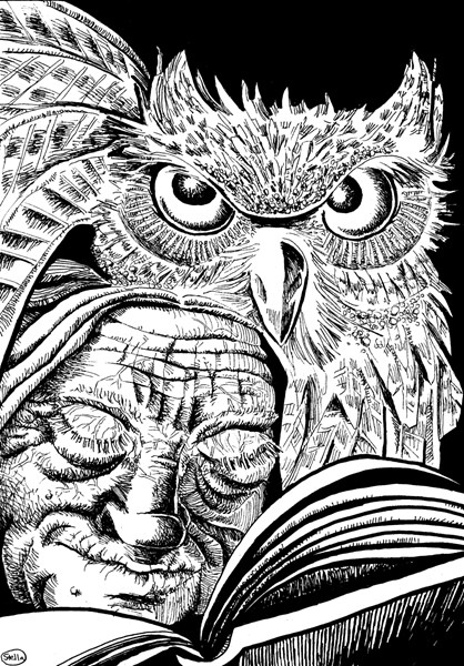 Illustration to book of poems. Old woman with owl, the symbol of Athena Goddess of Wisdom