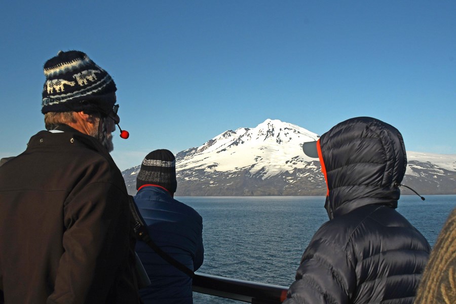 Michael on duty with deck commentary, Jan Mayen Island