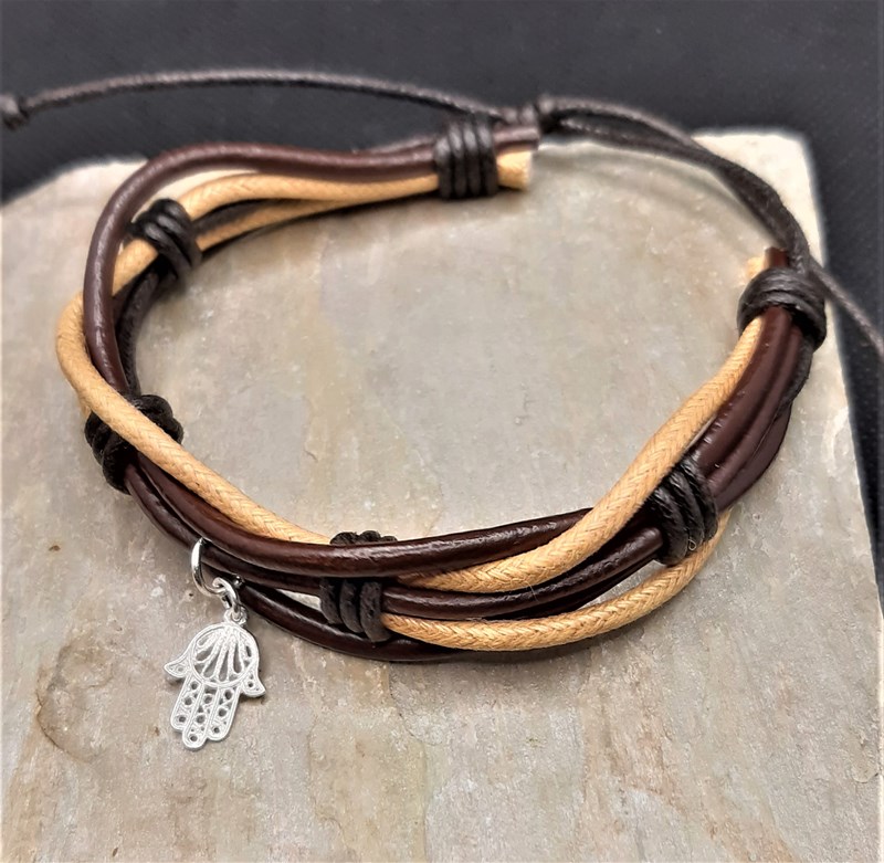 Leather bracelet with Sterling Silver (925) Hamsa Charm