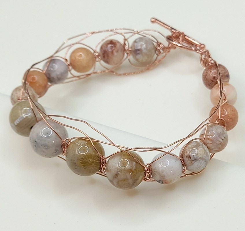 Fossil Jasper in herringbone copper wire bracelet