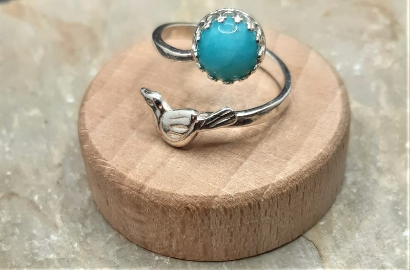 Adjustable Amazonite sterling silver ring with bird (925)