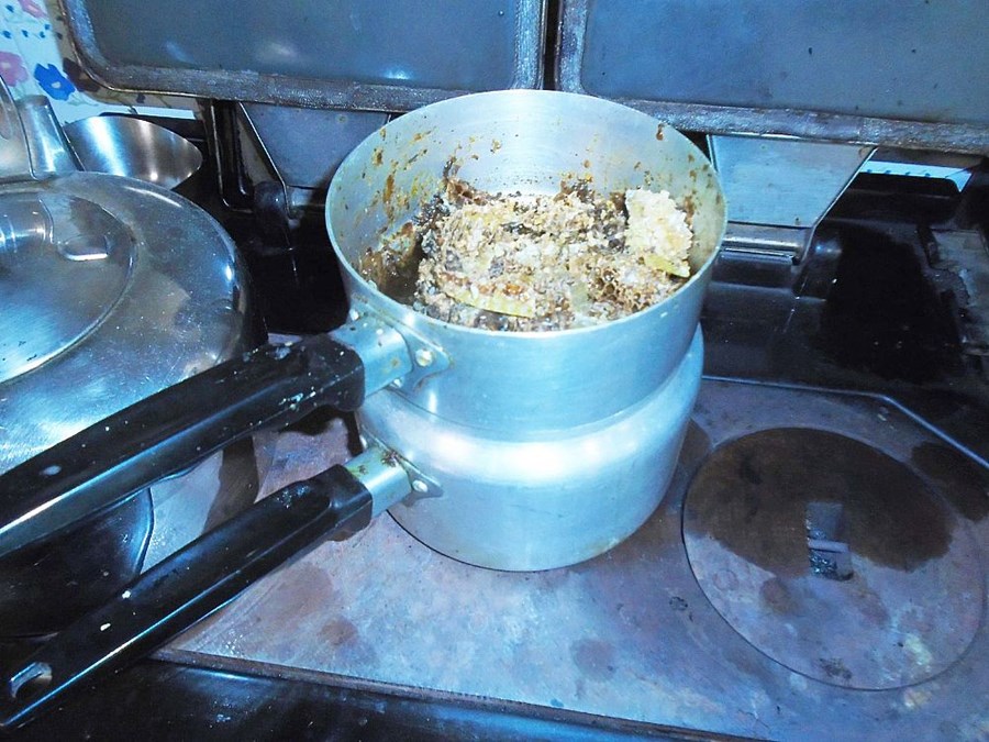 Double saucepan, initially water is added and then the scraps of wax etc. are loaded.