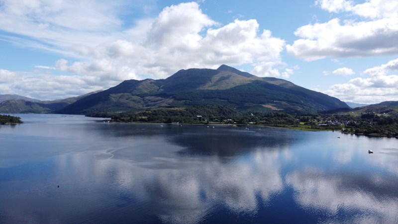 view of airds bay from the air looking towards ben cruachan