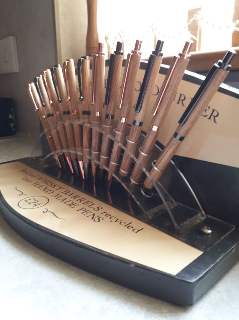 Whisky Barrel Pens in a Stand