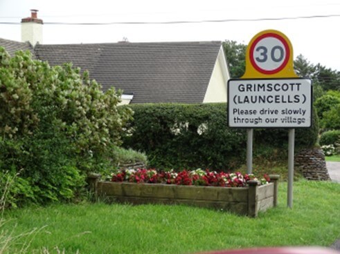 Flowers below Grimscott road sign
