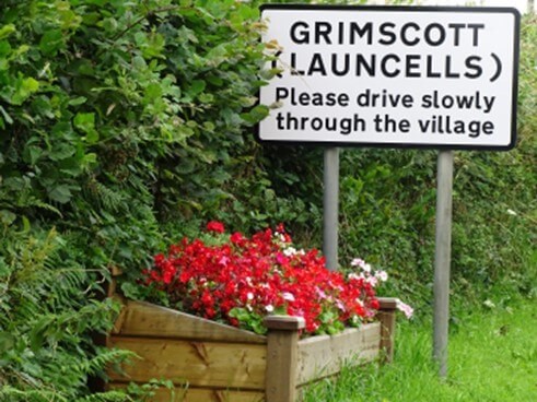 Flowers below Grimscott road sign