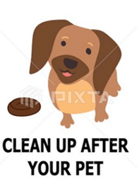 Cartoon dog with the words clean up after your pet