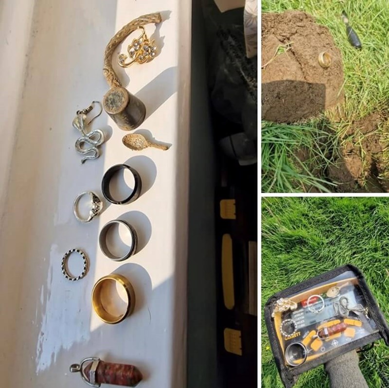 Table with detectorist finds laid out, alongside images of a demonstration