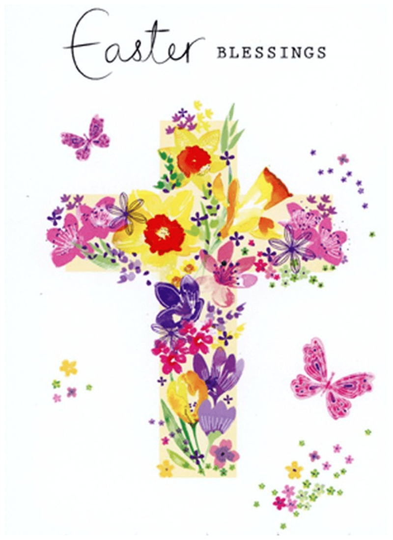 Easter blessings, illustrated cross made up of flowers with butterfies flying round it
