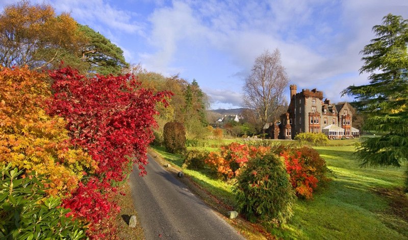 Outside of the Isle of Eriska Hotel with lovely Autumn colours