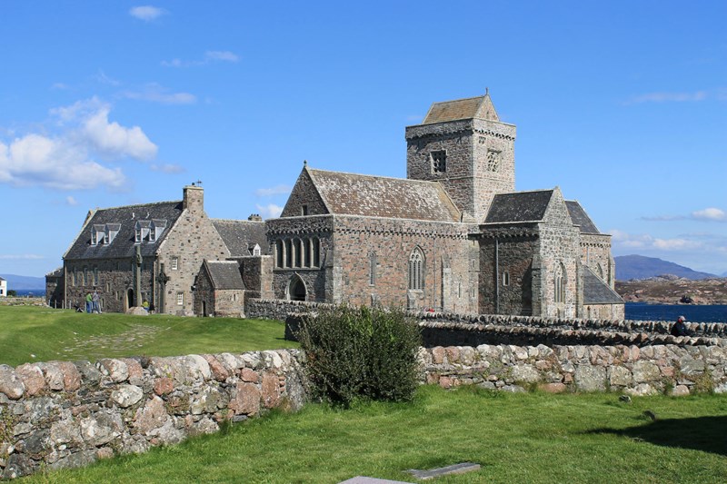Iona Abbey and green fields