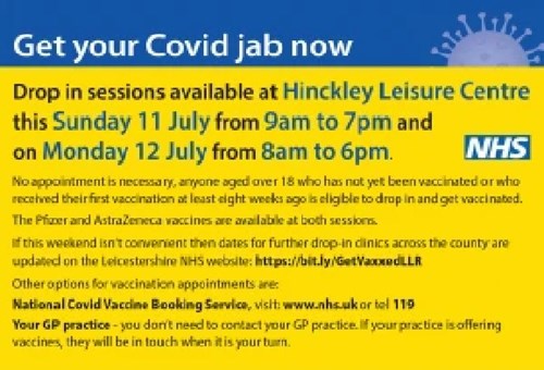 Drop-in sessions for Covid jabs at Hinckley Leisure Centre on Sunday and Monday