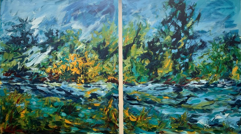 Carpe Diem: Speyside Spate 130x76cm £1200. For Highland Art Prize Show, Fort William Oct 2025