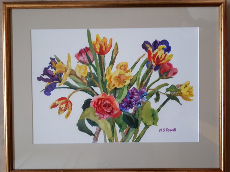 by MARGARET COWIE Spring Flowers, 66x53cm, framed watercolour £110. Locals only, sorry no postage