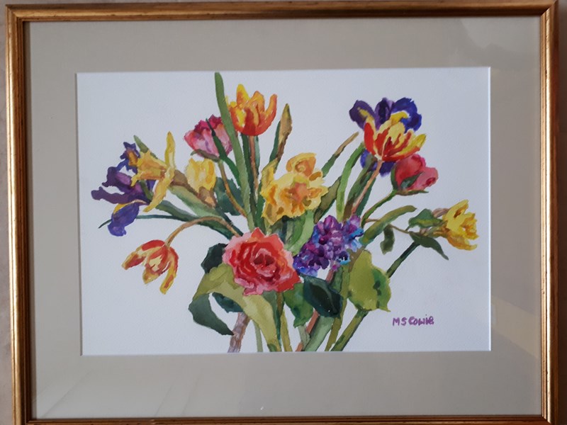by MARGARET COWIE Spring Flowers,  66x53cm, framed watercolour £110. Locals only, sorry no postage