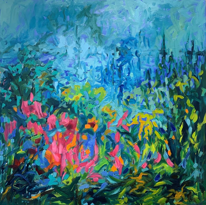 Jardin sous la Pluie 3, 85 x 85 cm, see it at Carrbridge Kitchen 