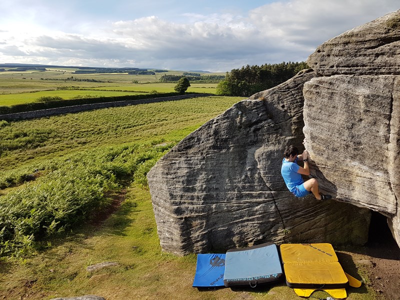 Using the DMM Highball whilst bouldering at Rothley in Northumberland