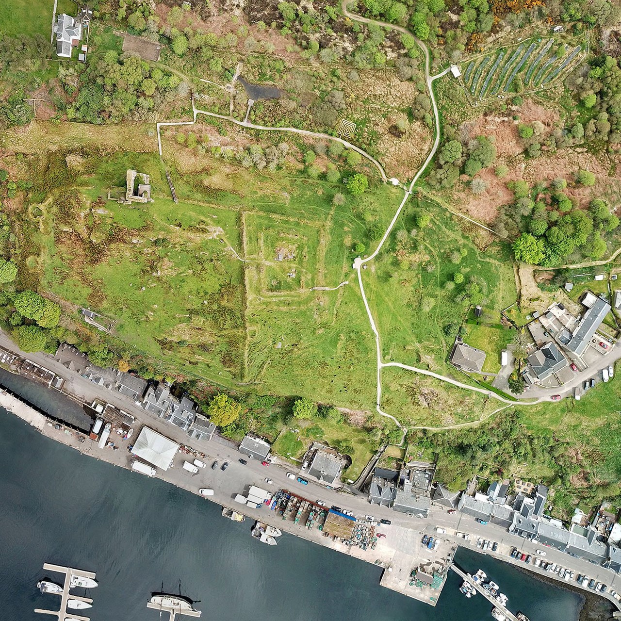 Aerial view of the heritage park, including the castle (2019)