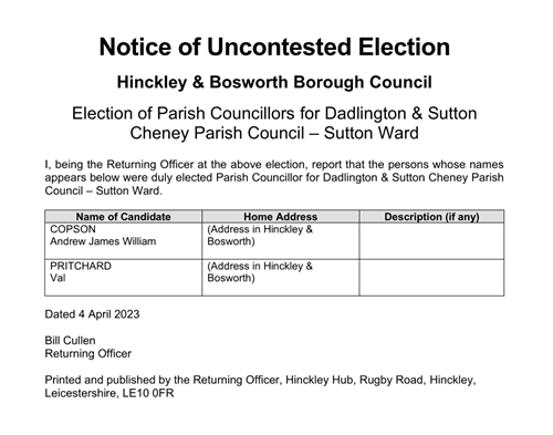 Notice of Uncontested Election - Sutton Cheney Ward