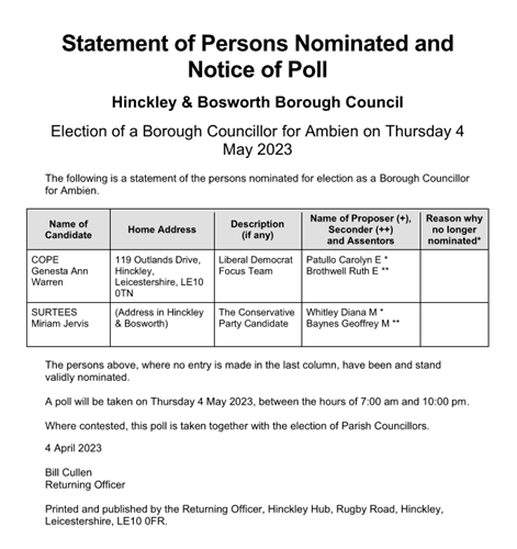 Statement of Persons Nominated and Notice of Poll Borough Councillor - Ambien 