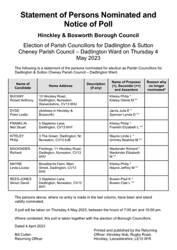 Statement of Persons Nominated and Notice of Poll