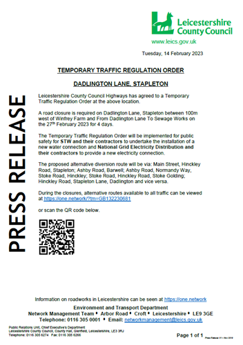 TTRO Road closure - Dadlington Lane